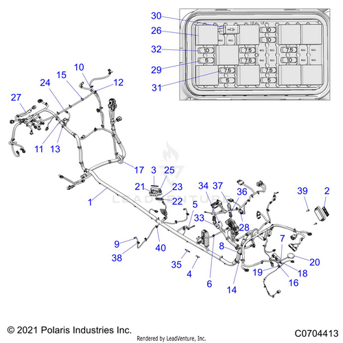 An Image of a Genuine Polaris Parts Schematic Diagram showing the schematic - ELECTRICAL: WIRE HARNESS CHASSIS DELUXE RIDE COMMAND - 2021 POLARIS RZR PRO XP 4 ULTIMATE
