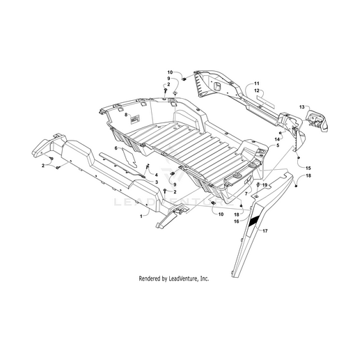 Diagram of a vehicle’s underbody frame with 17 labeled parts, showing the layout and attachment points—ideal for referencing OEM Arctic Cat Cargo Box W/ Warning Decals (Rb 7506-696) (Inc. 6-8) or installing UTV/ATV accessories.