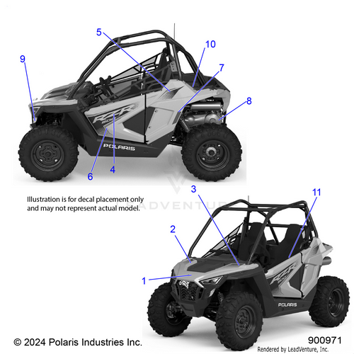 An Image of a Genuine Polaris Parts Schematic Diagram showing the schematic - BODY: DECALS - 2024 POLARIS RZR 200 EVAP