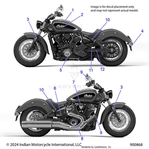Two black motorcycles, shown side by side with numbered decal placement labels, display the Indian Motorcycle logo. Image may not represent actual models. Features include the OEM Badge Cover Engine Chrome/Black for Limited & Limited +Tech Models by Polaris.