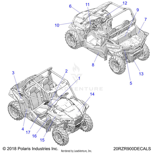 An Image of a Genuine Polaris Parts Schematic Diagram showing the schematic - BODY: DECALS - 2020 POLARIS RZR TRAIL 900