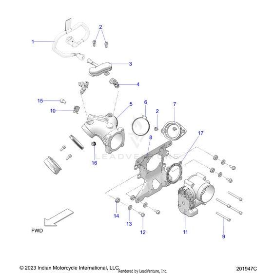 Exploded diagram of a motorcycle engine assembly, showing numbered parts like bolts, covers, OEM Parts, and Gasket Airbox by Polaris. An arrow labeled FWD marks the forward direction for easy reference.