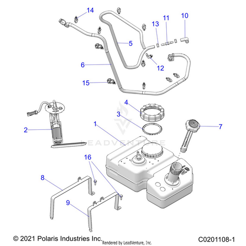 An Image of a Genuine Polaris Parts Schematic Diagram showing the schematic - FUEL: SYSTEM FUEL TANK AND RELATED - 2021 POLARIS RZR 200