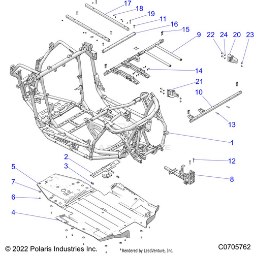 An Image of a Genuine Polaris Parts Schematic Diagram showing the schematic - CHASSIS: MAIN FRAME AND SKID PLATES - 2023 POLARIS RZR PRO XP PREMIUM