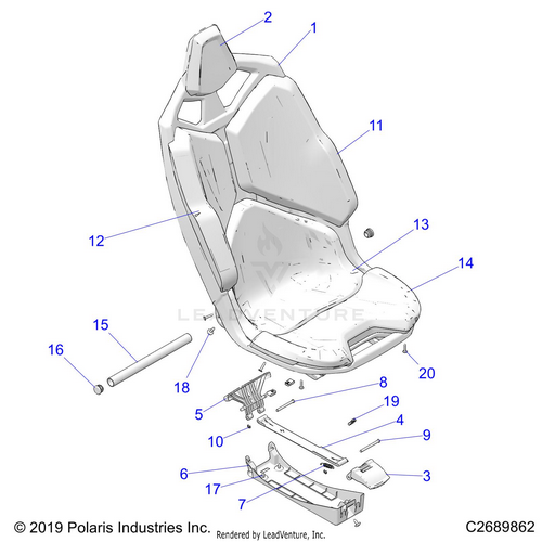 An Image of a Genuine Polaris Parts Schematic Diagram showing the schematic - BODY: SEAT ASM FRONT - 2023 POLARIS RZR TURBO R 4 PREMIUM RIDE COMMAND