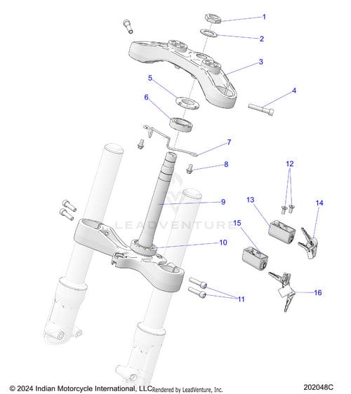 Exploded diagram of a motorcycle front fork assembly, highlighting components like the Clamp Triple Upper CB Black by Polaris, fork tubes, bolts, and brackets. Features OEM Parts with numbered labels for easy identification.