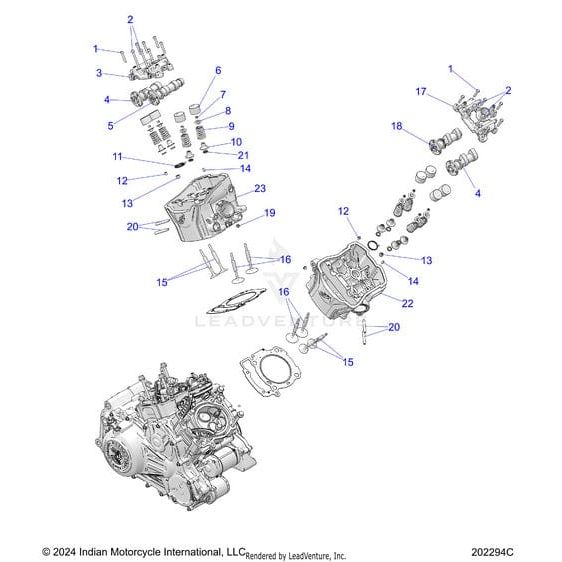 Exploded diagram of a Polaris motorcycle engine showing numbered parts, including the Spring Valve | [From 1/27/25], engine block, cylinder head, pistons, and gaskets—arranged for assembly or repair reference.