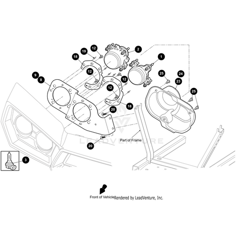 Exploded diagram of a vehicle headlight assembly with labeled parts, including OEM Arctic Cat items like bulbs, screws, and the Rivet 1/8 Domed Blind by Arctic Cat, each identified by numbered callouts and shown from the vehicle’s front view.