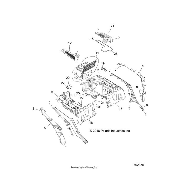 An Image of a Genuine Polaris Parts Schematic Diagram showing the schematic - BODY: REAR RACK AND FENDERS - 2018 POLARIS RZR XP TURBO S