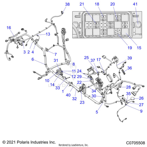 An Image of a Genuine Polaris Parts Schematic Diagram showing the schematic - ELECTRICAL: WIRE HARNESS CHASSIS - 2021 POLARIS RZR PRO XP ULTIMATE ROCKFORD LE