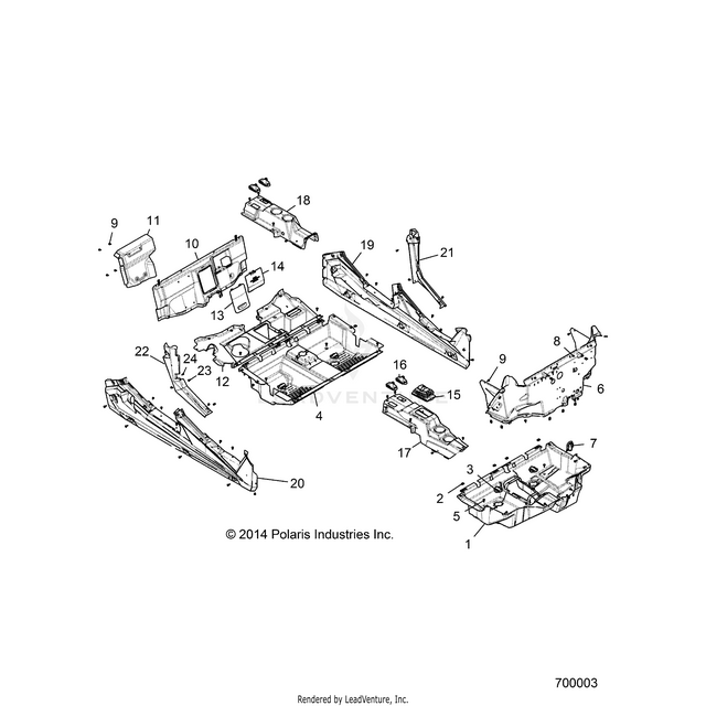 An Image of a Genuine Polaris Parts Schematic Diagram showing the schematic - BODY: FLOOR and ROCKER PANELS - 2017 POLARIS RZR 4 900