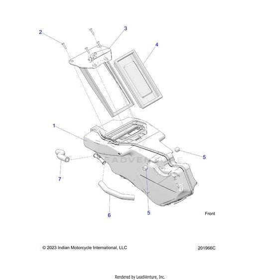 Angled front exploded diagram of a motorcycle fuel tank assembly with numbered OEM parts, including the tank, cap, cover, and Polaris Screw Tftx M5X0.8X20 Zb components.
