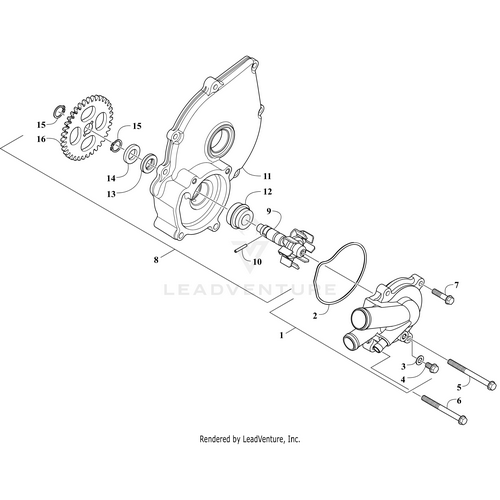 Exploded diagram of an engine water pump assembly for Wildcat Prowler Alterra, with components like gears, bolts, housing, gaskets, and the Mechanical Seal by Arctic Cat—each labeled with a number for easy OEM Arctic Cat parts identification.