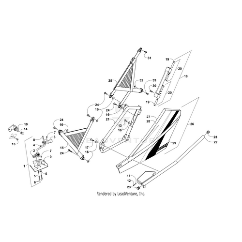 Exploded view diagram of a vehicle door assembly with labeled panels and frame, perfect for finding OEM Arctic Cat parts or choosing UTV/ATV accessories such as the Rear Door Lower Decal -Right-(Wm) by Arctic Cat.