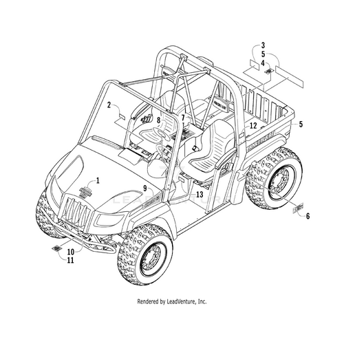 Line drawing of a utility vehicle with labeled parts—cab, seats, Center Decal by Arctic Cat, steering wheel, roll cage, wheels, and cargo bed—viewed from a front-side angle.