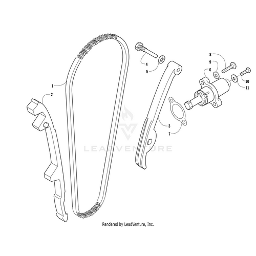 Line drawing of a mechanical timing chain system with an exploded view, highlighting components like the Aluminum Washer .234X.63X.063 by Arctic Cat, guides, tensioner arm, bolts, and numbered OEM parts for easy reference.