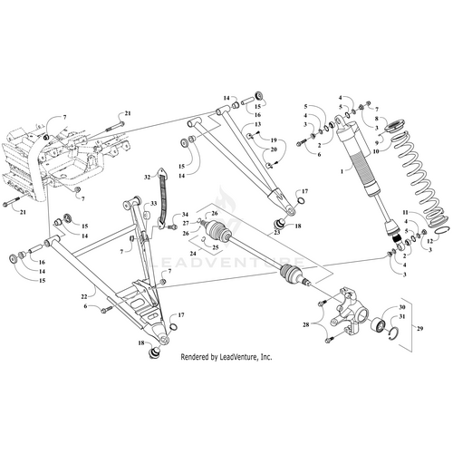 Exploded diagram of a vehicle’s rear suspension, displaying frame, control arms, Arctic Cat A-Arm - Front Lower Right Tag (Inc. 14-18), shock absorber, spring, axle, mounts, and hardware with numbered OEM Arctic Cat parts and bolts.