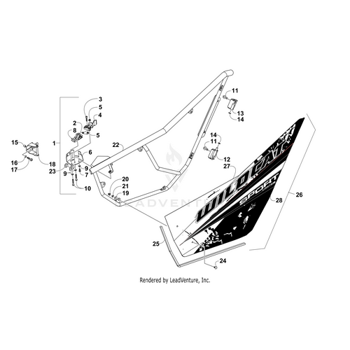 Exploded diagram of Arctic Cat Door Panel W/ Decals-Bm-Right (Wc Sport Ltd) assembly, showing numbered OEM parts such as frame, screws, brackets, and the decorative door panel with black and white Wildcat Sport graphics.