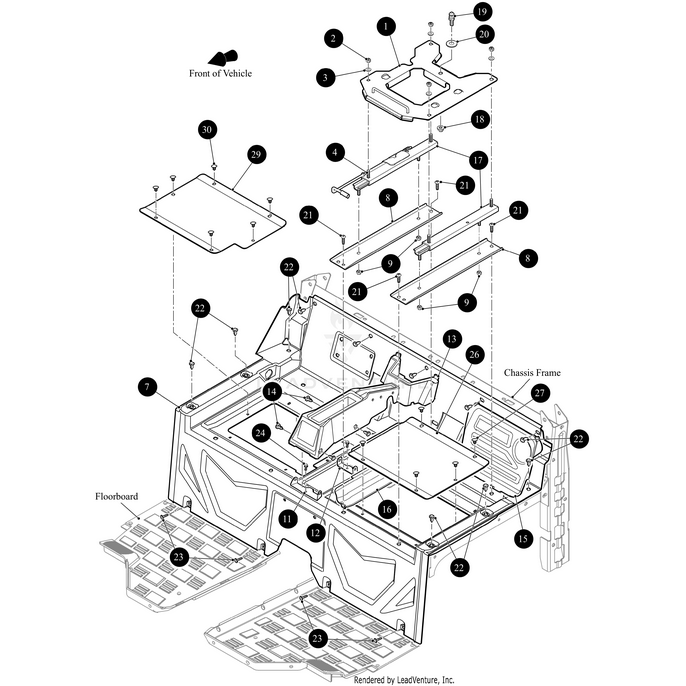 Exploded diagram of a vehicle floorboard and chassis frame with labeled OEM Arctic Cat parts, including screws, plates, brackets, and the Seat Closeout Arctic Seats by Arctic Cat. Numbered callouts aid assembly; front and chassis frame marked. Wildcat/Prowler/Alterra models shown.