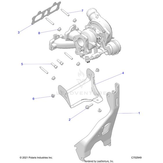 An Image of a Genuine Polaris Parts Schematic Diagram showing the schematic - ENGINE: TURBO CHARGER MOUNTING - 2022 POLARIS RZR PRO XP 4 SPORT EVAP