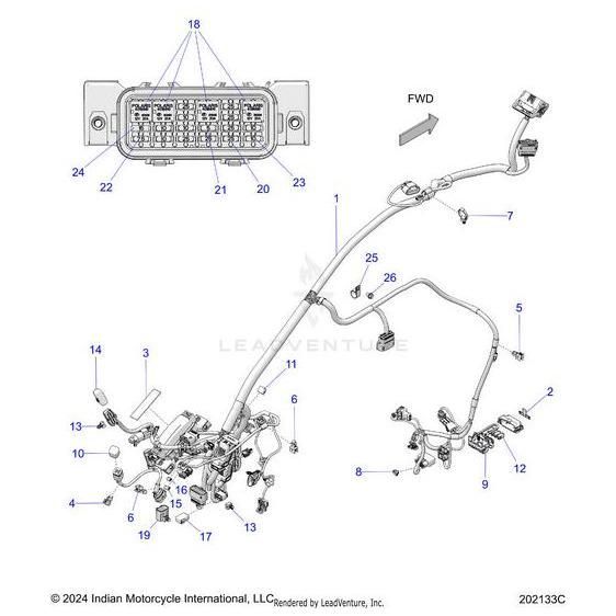 Wiring diagram for the Harness L Chassis Hwlc G2 V1 [Includes 2 24] by Polaris, showing labeled connector pinout (1–24), factory-direct components, connectors, fasteners, and FWD marking the forward direction.