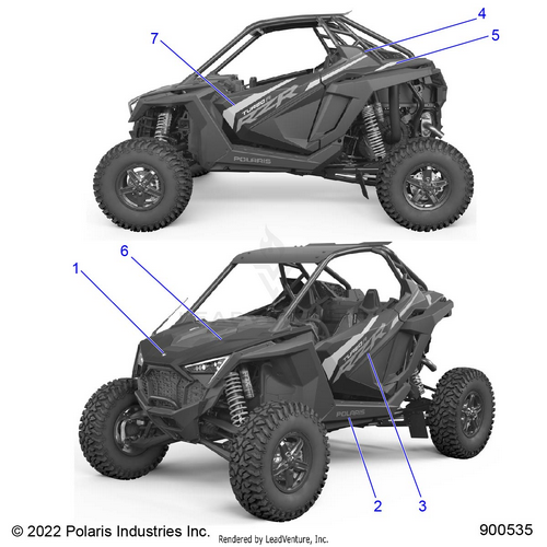 An Image of a Genuine Polaris Parts Schematic Diagram showing the schematic - BODY: DECALS GRAPHICS - 2023 POLARIS RZR TURBO R ULTIMATE