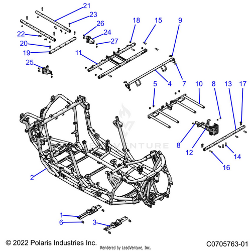 An Image of a Genuine Polaris Parts Schematic Diagram showing the schematic - CHASSIS: MAIN FRAME AND SKID PLATES - 2021 POLARIS RZR PRO XP ULTIMATE EVAP