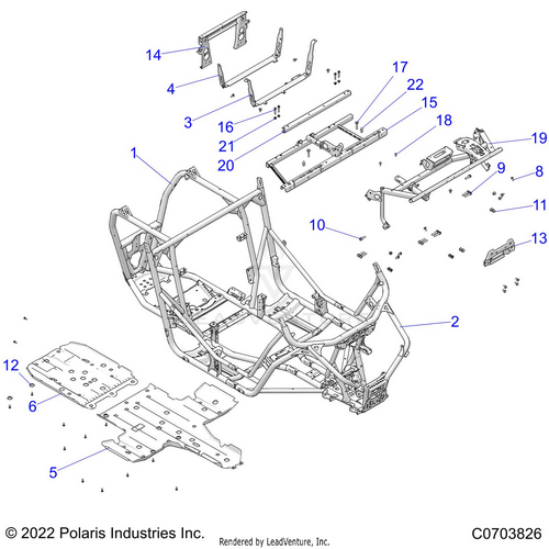 An Image of a Genuine Polaris Parts Schematic Diagram showing the schematic - CHASSIS: MAIN FRAME AND SKID PLATES - 2022 POLARIS RZR XP 1000 HIGH LIFTER