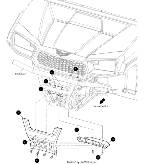 Line drawing shows a vehicles front end with labeled OEM Arctic Cat parts, including the Frame Shield Front Upper Black by Arctic Cat, skid plate, brackets, and hardware for installing a brushguard on the Arctic Cat Wildcat.