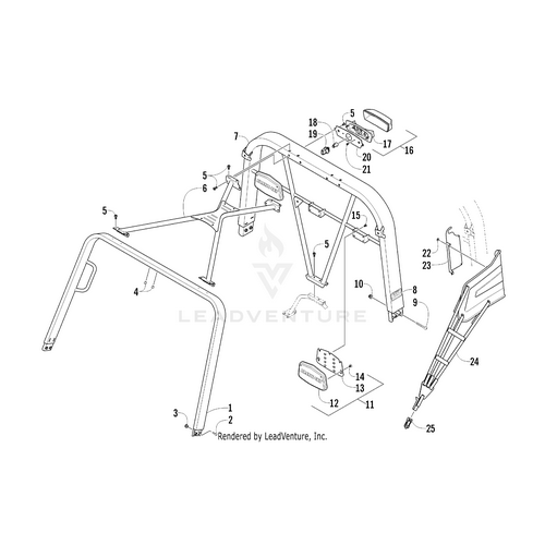 Exploded diagram of the Rops Tube - Rear by Arctic Cat, showing separated numbered parts such as bars, brackets, and covers for identification and assembly. Genuine OEM Arctic Cat part available at Witchdoctors.com.