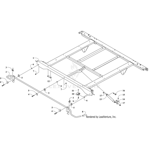 A black and white vehicle frame diagram highlights structural components, mounting hardware, and OEM parts like the Gas Spring by Arctic Cat, each labeled with numbers for easy identification from a perspective angle.
