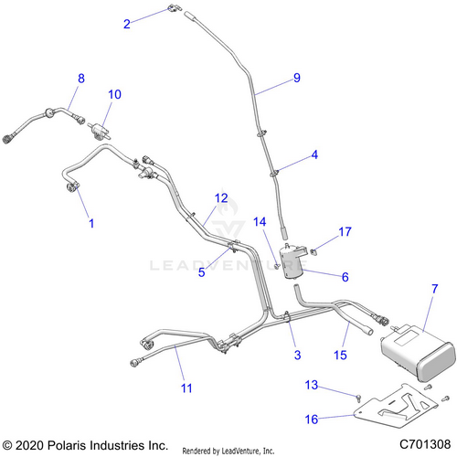 An Image of a Genuine Polaris Parts Schematic Diagram showing the schematic - FUEL: SYSTEMS & FUEL LINES EVAP - 2023 POLARIS RZR TURBO R 4 PREMIUM RIDE COMMAND