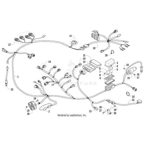 Diagram of an automotive wiring harness showing labeled connectors, wires, and components branching to various parts—each numbered for easy reference. Ideal for identifying OEM parts or integrating the Adapter Harness - Taillight by Arctic Cat. No background shown.
