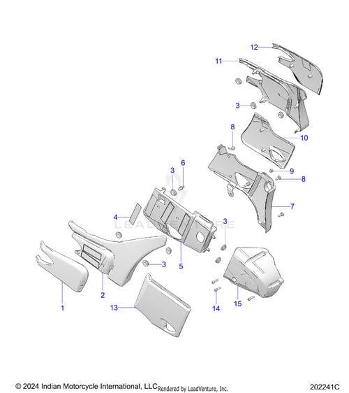 Exploded diagram of Cover Side Lower LH Gwmtbc [Ghost White Metallic/Black Crystal W/ Gfx] by Polaris, with each factory-direct part numbered for easy identification; includes labels and a copyright notice at the bottom.