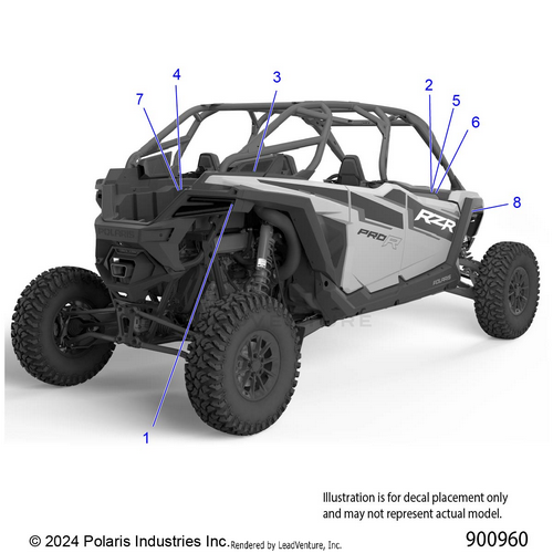 An Image of a Genuine Polaris Parts Schematic Diagram showing the schematic - BODY: DECALS STANDARD - 2025 POLARIS RZR PRO R 4 SPORT