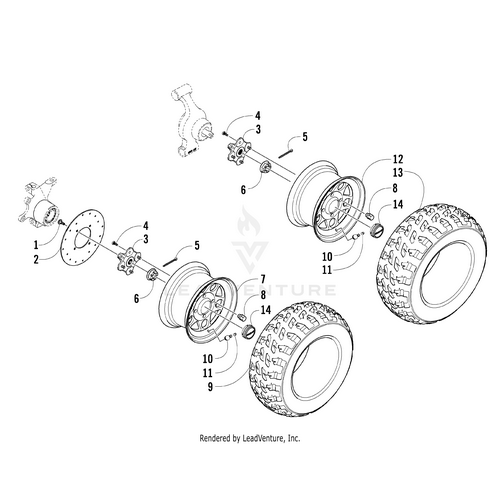 Exploded diagram of an off-road wheel assembly with OEM Arctic Cat parts, including hub, brake disc, rim, bolts, and a Tire - Rear - Goodyear MTR - 26X11-14 by Arctic Cat. Each part is clearly numbered for reference.