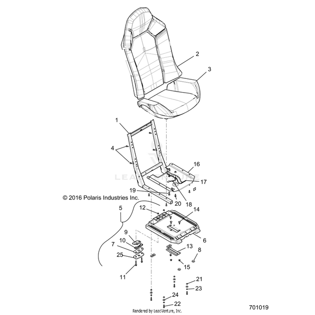 An Image of a Genuine Polaris Parts Schematic Diagram showing the schematic - BODY: SEAT ASM. AND SLIDER - 2017 POLARIS RZR XP 1000