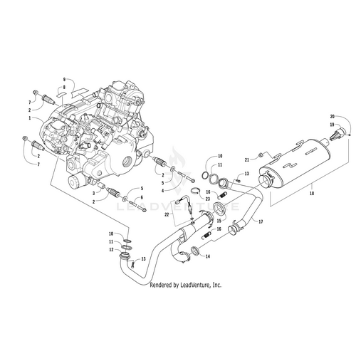 Exploded diagram featuring labeled engine and exhaust components—engine block, exhaust pipes, muffler, bolts, and connectors—perfect for identifying OEM parts like the Rapid Response Decal by Arctic Cat for your UTV.
