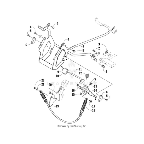 Exploded diagram of the Shift Knob by Arctic Cat, with labeled parts such as rods, brackets, bolts, and cables for easy identification and assembly reference.