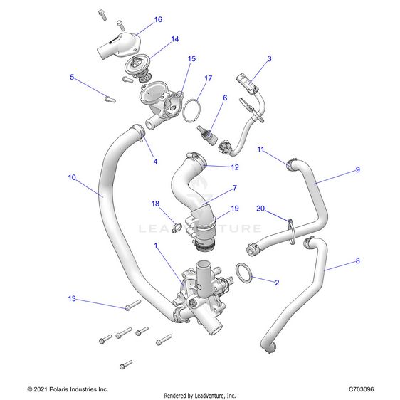 An Image of a Genuine Polaris Parts Schematic Diagram showing the schematic - ENGINE: WATERPUMP AND BYPASS - 2025 POLARIS RZR XP 4 1000 ULTIMATE