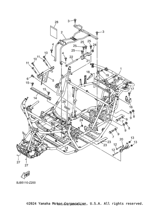 Exploded diagram of the Complete Frame by Yamaha for a Yamaha vehicle, displaying numbered parts like bars, brackets, bolts, and tubes with lines indicating their positions and connections.