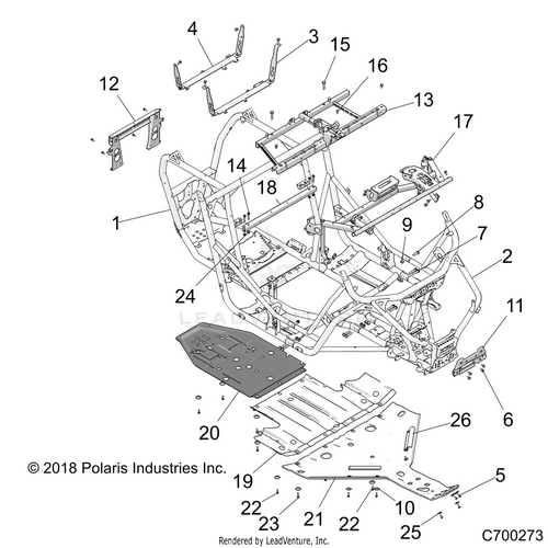 An Image of a Genuine Polaris Parts Schematic Diagram showing the schematic - CHASSIS: MAIN FRAME AND SKID PLATES - 2021 POLARIS RZR XP 1000 TRAILS & ROCKS