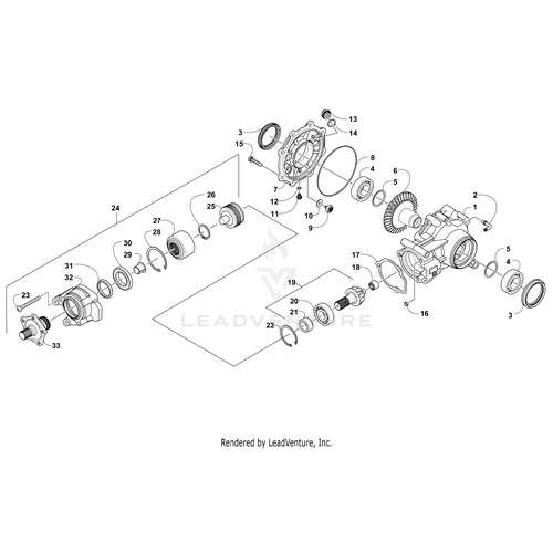Exploded diagram of a mechanical gearbox showing numbered parts, such as gears, bearings, seals, the Gearcase Housing by Arctic Cat, and various fasteners, all arranged to display each component separately.