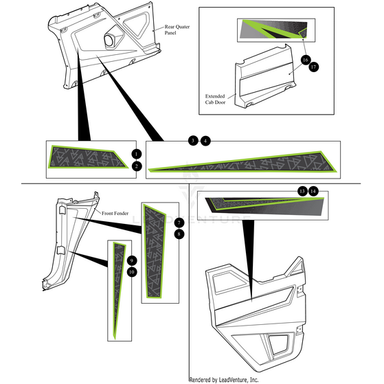 Diagram highlighting the placement of the Decal Quarter Panel Lower Med Green Right by Arctic Cat, with green borders on the vehicle’s rear quarter panel, cab door, and front fender. Close-ups emphasize geometric patterns on the quarter panel.