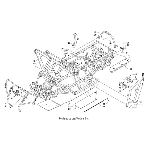 Exploded diagram of the Main Frame (Inc. 2) by Arctic Cat, displaying numbered metal parts, mounting brackets, and plates around the main structure, with each component labeled for easy OEM Arctic Cat part identification.