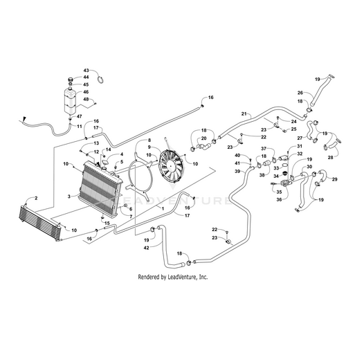 Exploded diagram of a vehicle’s cooling system with labeled parts (radiator, fan, hoses, connectors, reservoir), featuring OEM Arctic Cat components from Witchdoctors.com and the Oil Hose Cooler - Out by Arctic Cat.
