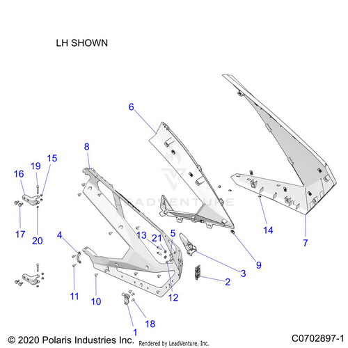 An Image of a Genuine Polaris Parts Schematic Diagram showing the schematic - BODY: DOORS - 2020 POLARIS RZR PRO XP