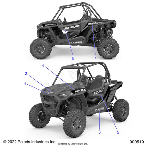An Image of a Genuine Polaris Parts Schematic Diagram showing the schematic - BODY: DECALS GRAPHICS - 2023 POLARIS RZR XP 1000 SPORT