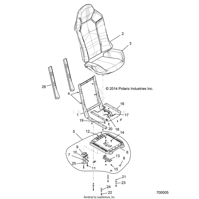 An Image of a Genuine Polaris Parts Schematic Diagram showing the schematic - BODY: SEAT ASM. AND SLIDER - 2015 POLARIS RZR 4 900