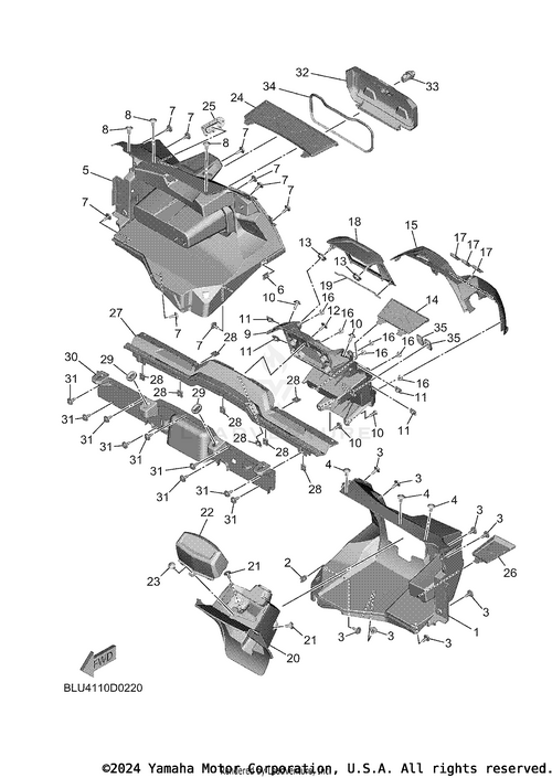 Exploded diagram of Yamaha vehicle parts, featuring the OEM Instrument Trim Panel 2 by Yamaha. All covers, brackets, panels, screws, and bolts are labeled and numbered for easy assembly reference.
